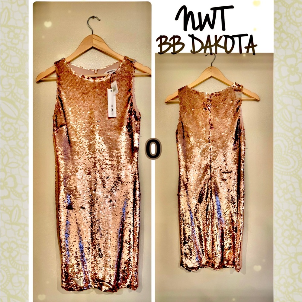 NWT rose gold dazzling sequin mini dress bodycon shift party bronze 0